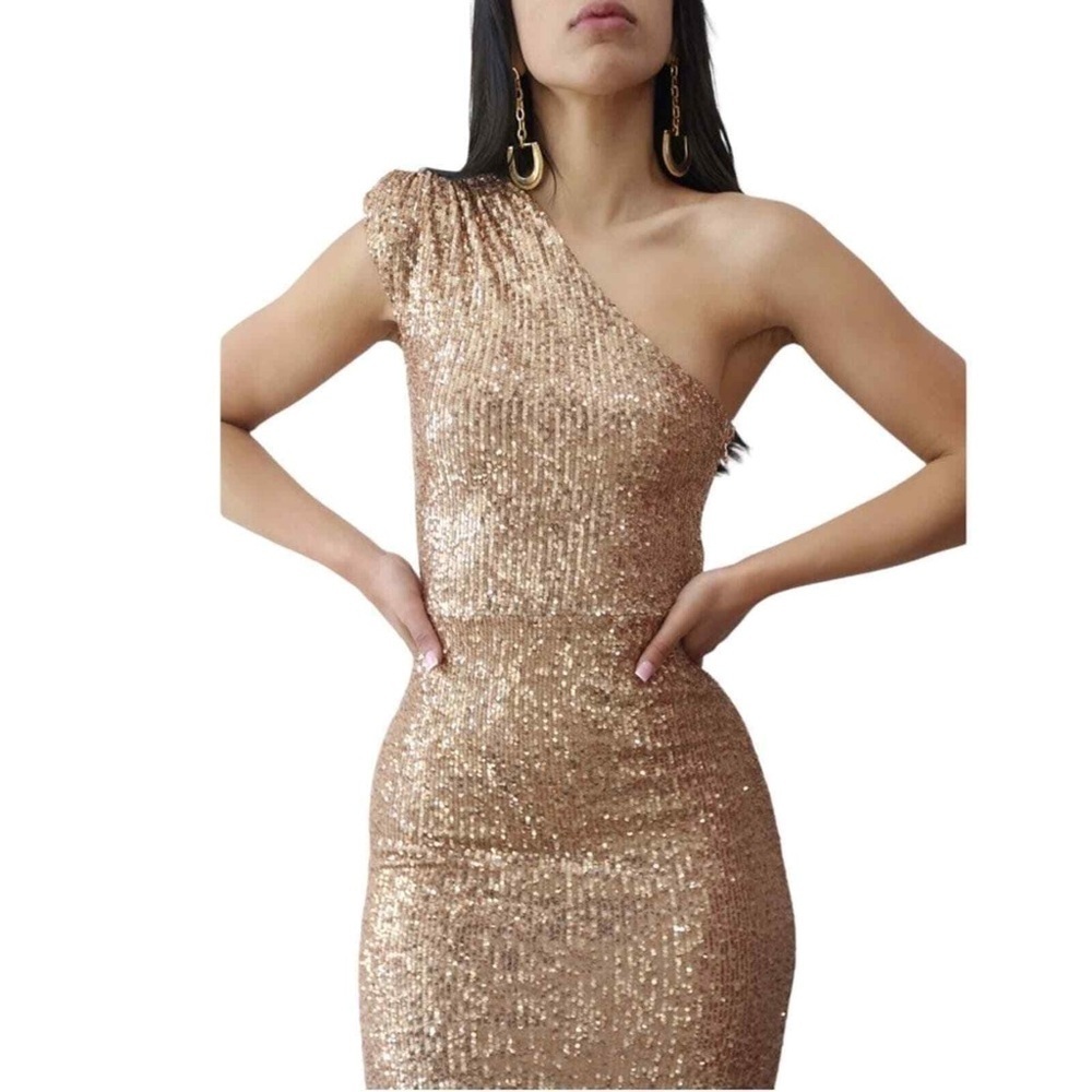 NWOT Nookie Veda One Shoulder Sequin Maxi Gown in Caramel Size Large - Picture 2 of 8